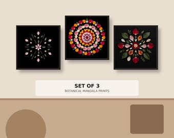 Set of 3 Botanical Mandala Prints, Black Background Floral Wall Art (Digital Download)
