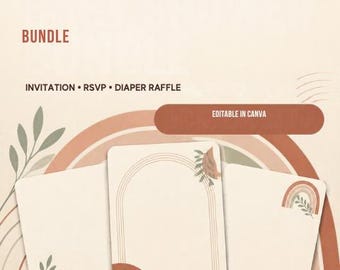 Boho Rainbow Baby Shower Bundle, Editable Invitation, RSVP, Diaper Raffle (Digital Download)