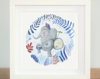 May include: A watercolor illustration of a gray elephant playing drums in a blue and white floral circle. The elephant is wearing a blue and purple hat.