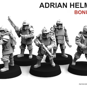 Puede incluir: Colección de cinco figuras en miniatura, cada una con casco Adrian y equipo de protección, sosteniendo rifles. Las figuras están sobre bases negras, con el texto "ADRIAN HELMET BONUS PACK" en la parte superior. El logo Ready to Print está abajo a la izquierda.