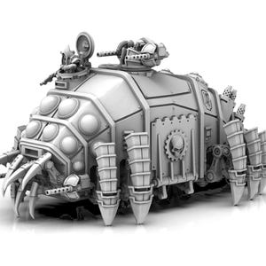 May include: A grayscale 3D model of a futuristic war machine. The design includes a tank-like body, multiple legs, a turret, and weapon mounts. The model blends mechanical and organic elements, creating a unique aesthetic.