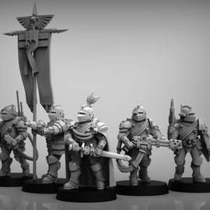 May include: Five gray plastic miniature figures of soldiers, one holding a flag with a skull and wings, another holding a sword, and three holding guns. The figures are standing on black bases.