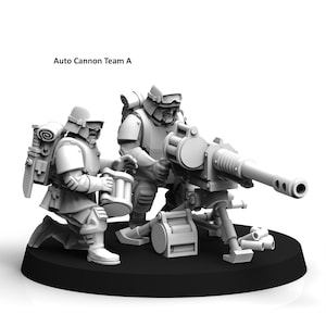 Puede incluir: Un conjunto de miniaturas de juego de guerra de plástico gris que representa a dos soldados operando un cañón automático. El conjunto está etiquetado como "Auto Cannon Team A".