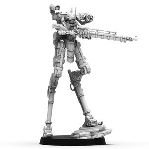 May include: A white, detailed, articulated, plastic model of a robot with a large gun. The robot is standing on a black base with a rocky terrain.