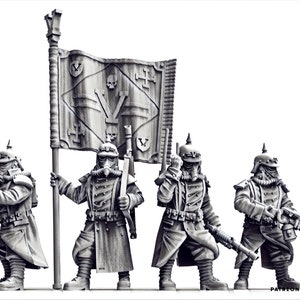 Puede incluir: Cuatro figuras en miniatura de soldados que llevan máscaras de gas y sostienen rifles. Los soldados están de pie frente a una bandera con un diseño de calavera y huesos cruzados. La bandera está unida a un poste.
