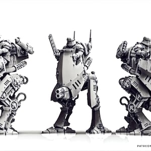 May include: Three gray, detailed, articulated, miniature robots with shields and weapons. The robots are posed in different stances. The robots are made of plastic and are designed for tabletop gaming.