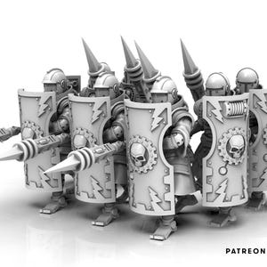 May include: A grayscale image of a group of futuristic soldiers. Each figure is armored, holding a spear and a shield with a skull emblem. The shields have a lightning bolt design. The figures are posed in a line.