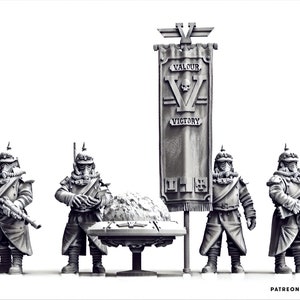 Może przedstawiać: Cztery miniaturowe figurki żołnierzy w maskach przeciwgazowych i hełmach, trzymających broń i flagę. Flaga jest biała z czarnym napisem "VALOUR VICTORY".