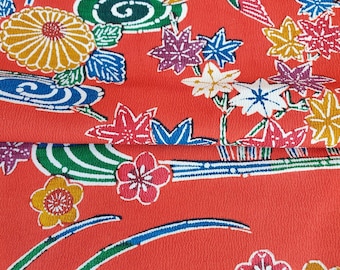 Japanese Floral Silk Fabric, Vintage Kimono crepe fabric