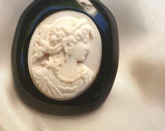 Victorian whitby jet brooch, shell cameo