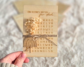 Schwangerschaft verkünden | Baby Ankündigung | Holztafel mit Suchrätsel | Papa, Oma, Opa, Tante, Onkel | Geschenkidee | Schwanger | Geschenk