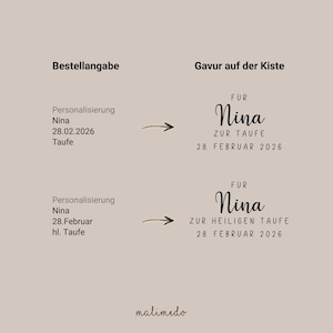 Puede incluir: Gr&aacute;fico beige con texto en alem&aacute;n. El texto incluye "Nina", fechas y frases relacionadas con un bautizo. La parte inferior de la imagen contiene la palabra "malimedo".