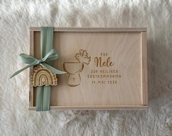 Prezent na Komunię | Spersonalizowane drewniane pudełko z grawerem | Prezent pieniężny na Pierwszą Komunię | Pudełko na pamiątki | Pomysł na prezent | Imię