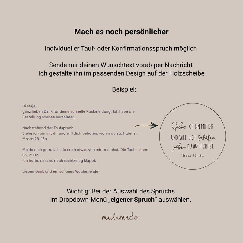 Puede incluir: Un fondo beige con texto en alem&aacute;n, incluyendo las palabras "Mach es noch pers&ouml;nlicher" y "Beispiel." Un dise&ntilde;o circular presenta escritura y las palabras "Siehe ICH BIN MIT DIR UND WILL DICH beh&uuml;ten, wohin DU AUCH ZIEHST."