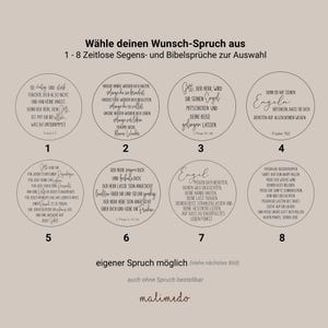 Puede incluir: Una imagen con ocho dise&ntilde;os circulares con texto en alem&aacute;n, cada uno con una cita inspiradora diferente. Las citas est&aacute;n en una fuente de estilo manuscrito. La imagen tambi&eacute;n incluye el texto "W&auml;hle deinen Wunsch-Spruch aus" y la marca "malimedo".