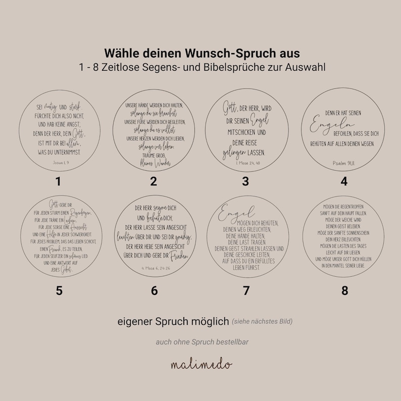 Puede incluir: Una imagen con ocho dise&ntilde;os circulares con texto en alem&aacute;n, cada uno con una cita inspiradora diferente. Las citas est&aacute;n en una fuente de estilo manuscrito. La imagen tambi&eacute;n incluye el texto "W&auml;hle deinen Wunsch-Spruch aus" y la marca "malimedo".