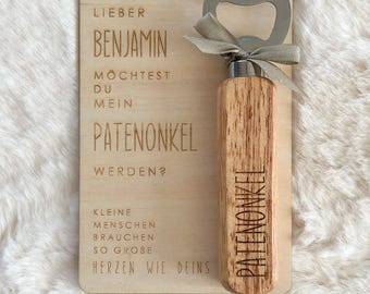 Padrino | Padrino | Idea regalo | Domanda | Targa in legno personalizzata con apribottiglie | Richiesta di informazioni sul padrino | Battesimo