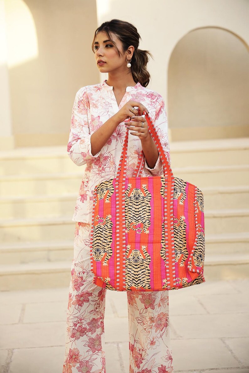 Cotton Block Print Tote Bag - Handmade  Print Bags | Unique Exotic Jewelry-Orange Multi-Color main image 0
