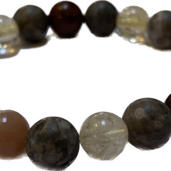 Bracelet en pierres d'agate fossile et citrine,  unisexe, personnalisable,  Bracelet ABONDANCE