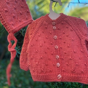 Hand-Knitted Coral Baby Cardigan & Bonnet Set (0-3 Months)