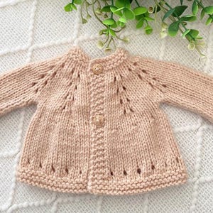 Hand Knit Preemie Baby Cardigan: Pale Sand, Openwork, Wooden Buttons