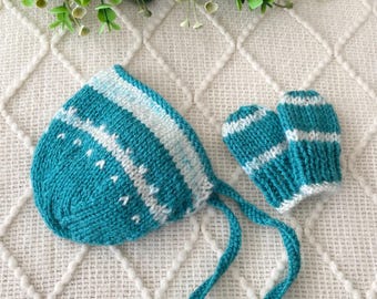 Hand Knitted Baby Bonnet and Mittens Set: Soft jade green with coordinating stripe accents