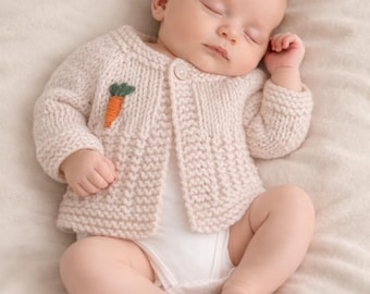 Hand-Knitted Preemie Baby Cardigan | Textured Newborn Sweater, Hand-Embroidered Carrot (5.5–7.5 lbs)