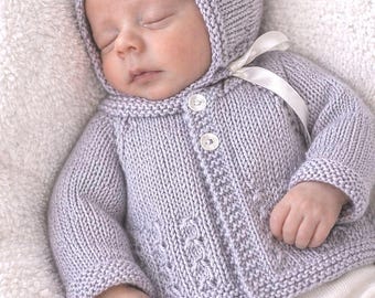 Hand-Knitted Merino Preemie Cardigan and Hat Set | Dove Grey Knitwear, Baby Gift