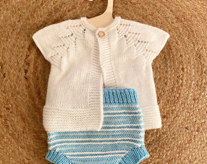 Hand Knitted Summer set | Hand Knitted Cardigan | Hand Knitted Pants | Gender Neutral Easy Care | Machine Washable Acrylic