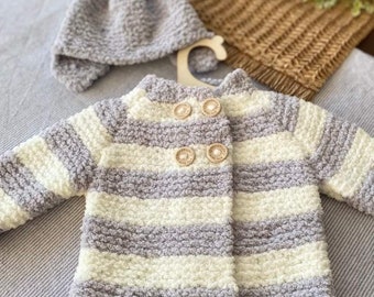 Hand Knitted Set | Knitted Cardigan | Baby Hat | Bear Hat | Cosy Outfit | Baby Gift | Baby Shower | Baby Knitwear | Photo Prop | Babywear