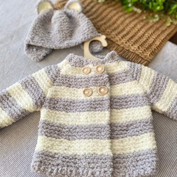 Hand Knitted Set | Knitted Cardigan | Baby Hat | Bear Hat | Cosy Outfit | Baby Gift | Baby Shower | Baby Knitwear | Photo Prop | Babywear