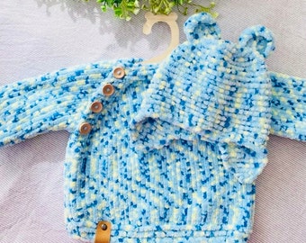 Handgestricktes Set | Hand gestrickter Pullover | Gestrickte Mütze | Baby-Geschenk | Baby-Dusche | Bärenohrenmütze | Foto-Outfit | Babystrick | Handgefertigt | Gemütlich