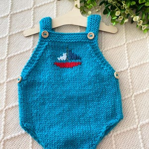 Hand-Knitted Sea Blue Baby Romper: Embroidered Sailboat, 0-3 Months