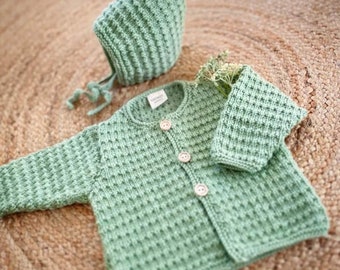 Hand Knitted Set | Knitted Cardigan | Bonnet | Baby Hat | Cosy Outfit | Baby Gift | Baby Shower | Photo Prop | Baby Knitwear