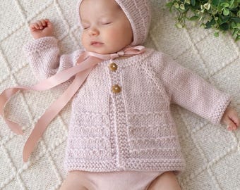 Conjunto de cárdigan y gorro para bebé prematuro, tejido a mano en lana merino / Regalo delicado para bebé