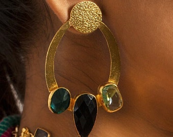 Black Night Stud Earring with Black Onyx and Rainbow Monalisa Stones in Brass Metal with 18K Gold Plating Gift for Her