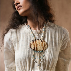 Boho Tribe Statement Necklace with Wooden Element with Turquoise Dendritic Quartz Beads Chain Plating Gift for Her image 2