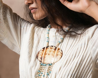 Boho Tribe Statement Necklace with Wooden Element with Turquoise Dendritic Quartz Beads Chain Plating Gift for Her