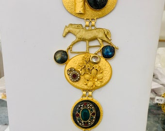 Magic of Golden Horse Necklace with Horse Element with Kundan on Labradorite Stone studded in Brass Metal with 18K Gold Plating Gift for Her