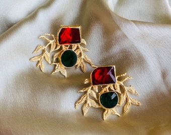 Serena Stud Earring with Green and Red Monalisa Stone on Twigs in Brass Metal with 18K Gold Plating Gift for Her