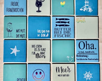 Dekorative Keramikuntersetzer mit Schriftzug - maritime Untersetzer - 10x10 - Kork - Gläser - Geschenk zum Einzug - Fliese - Keramikfliese
