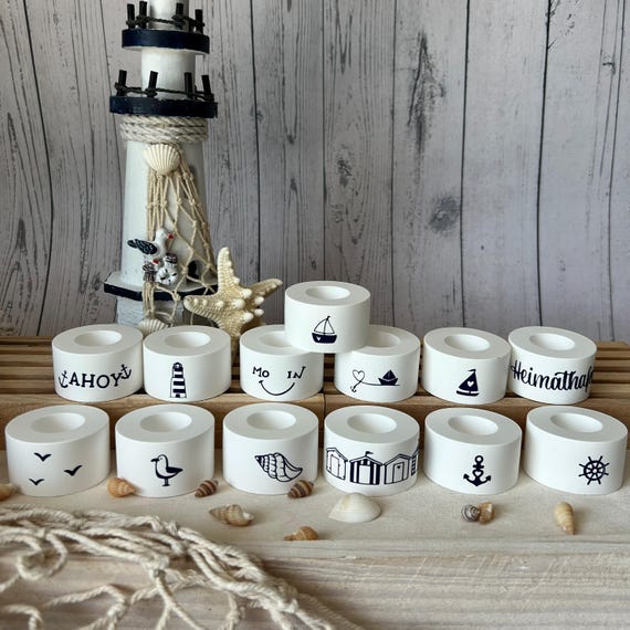 Kerzenhalter aus Raysin für Stabkerzen | Maritim | Skandinavisch | Hygge Deko | Muschel Anker Möwe Ahoi | Handmade | im Set | Sommerdeko