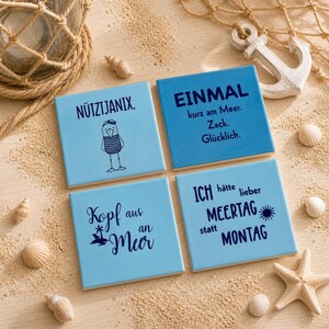 Decorative ceramic coasters with a nautical theme, 10x10 cm, with cork – tiles with sayings, glass coasters, housewarming gift, coastal style