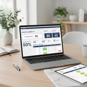 Può includere: Un laptop che mostra un'interfaccia "Event Planner OS" con dati numerici e indicatori di avanzamento. Un tablet con un'interfaccia simile è su una superficie marmorizzata. Una penna, un taccuino e una tazza di caffè sono sulla scrivania di legno.