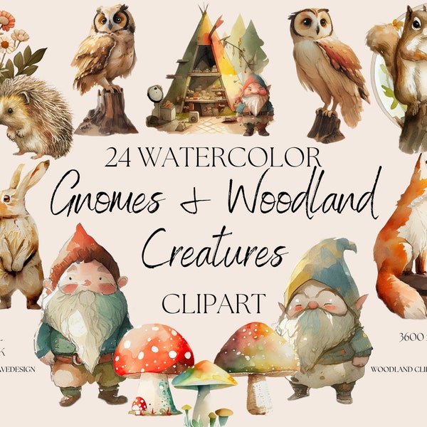 24 Gnomes and Woodland Creatures Clipart Set - Hand Drawn - Watercolor Digital PNG - Fox Rabbit Bunny Owl Squirrel Hedgehog - Cute Animals