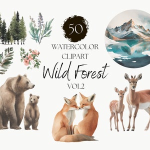 50 aquarelle forêt sauvage numérique Clipart Vol 2 - lac de montagne, cerf, ours, renard, animal, arbre, ombré - faire-part de mariage, scrapbooking