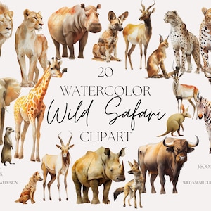 Könnte beinhalten: Aquarellillustration von 20 wilden Safari-Tieren, darunter Löwen, Giraffen und Zebras. Das Bild enthält den Text "WATERCOLOR Wild Safari CLIPART". Das Kunstwerk ist 30,48 x 30,48 cm groß und hat 3600 x 3600 Pixel.