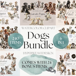 240 cuccioli e cani Clipart Bundle - disegnati a mano - razze piccole, medie e grandi - acquerello digitale PNG - Retriever Labrador - simpatici animali domestici