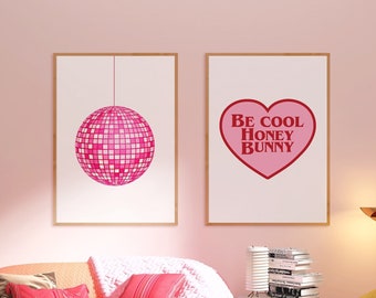 Pink Disco Ball Wall Print, Be Cool Honey Bunny Heart, Unframed Card Art Print, Trendy Wall Decor, Pink Aesthetic Home Decor