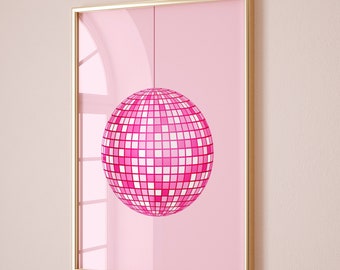 Pink Disco Ball Wall Print, Unframed Card Art Print, Trendy Retro Wall Decor, Girls Room Decor, Pink Aesthetic Home Decor